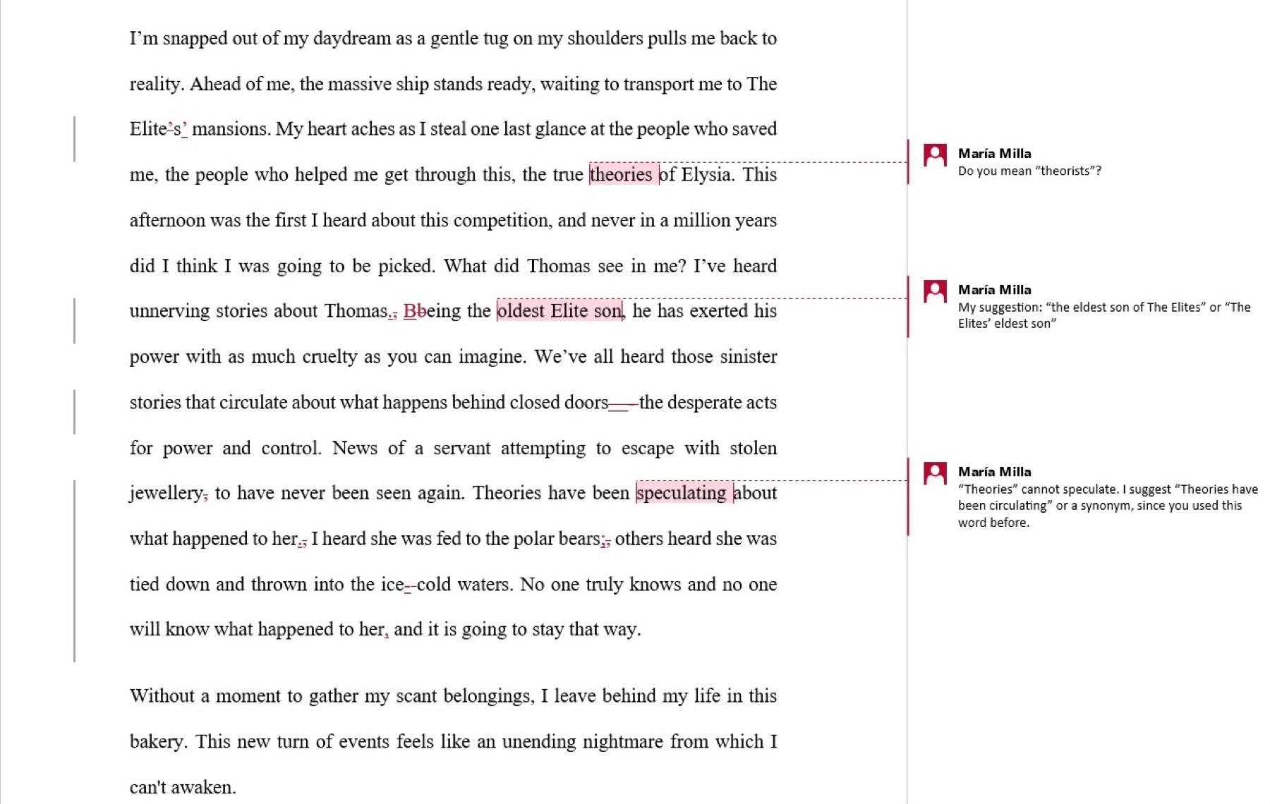 An anonymised fiction manuscript showing tracked edits and editorial comments
